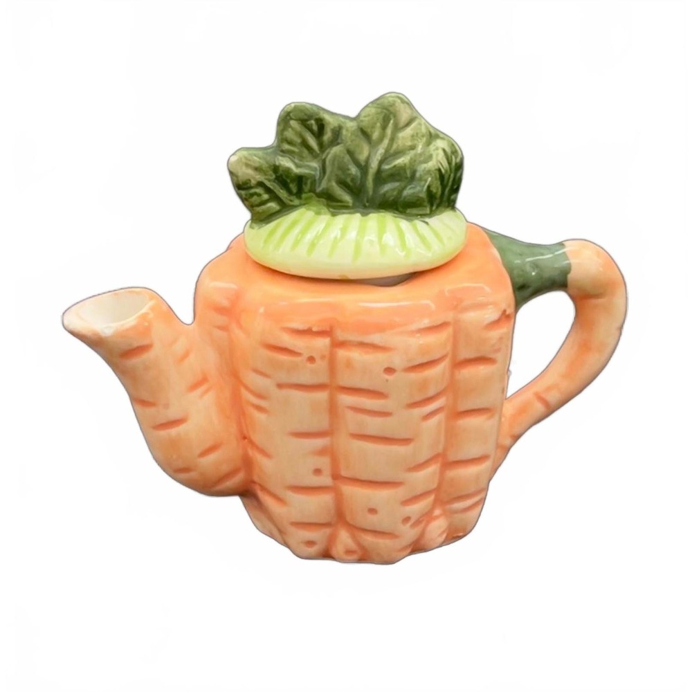 Mini Teapot Orange Green Ceramic Carrot Novelty Vegetable 3.5in